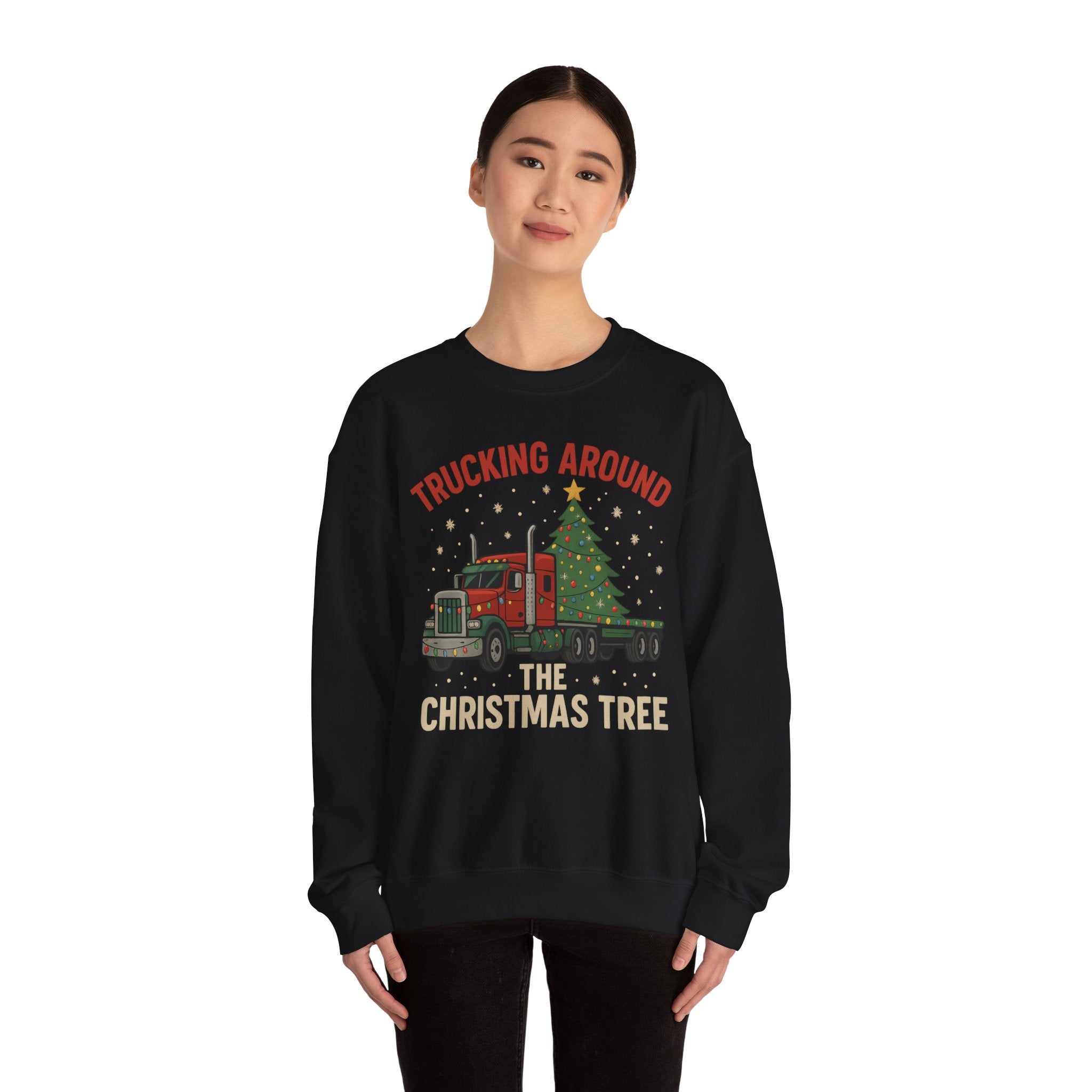Crewneck Sweatshirt — "Trucking Around the Christmas Tree" Holiday Semi Truck Graphic