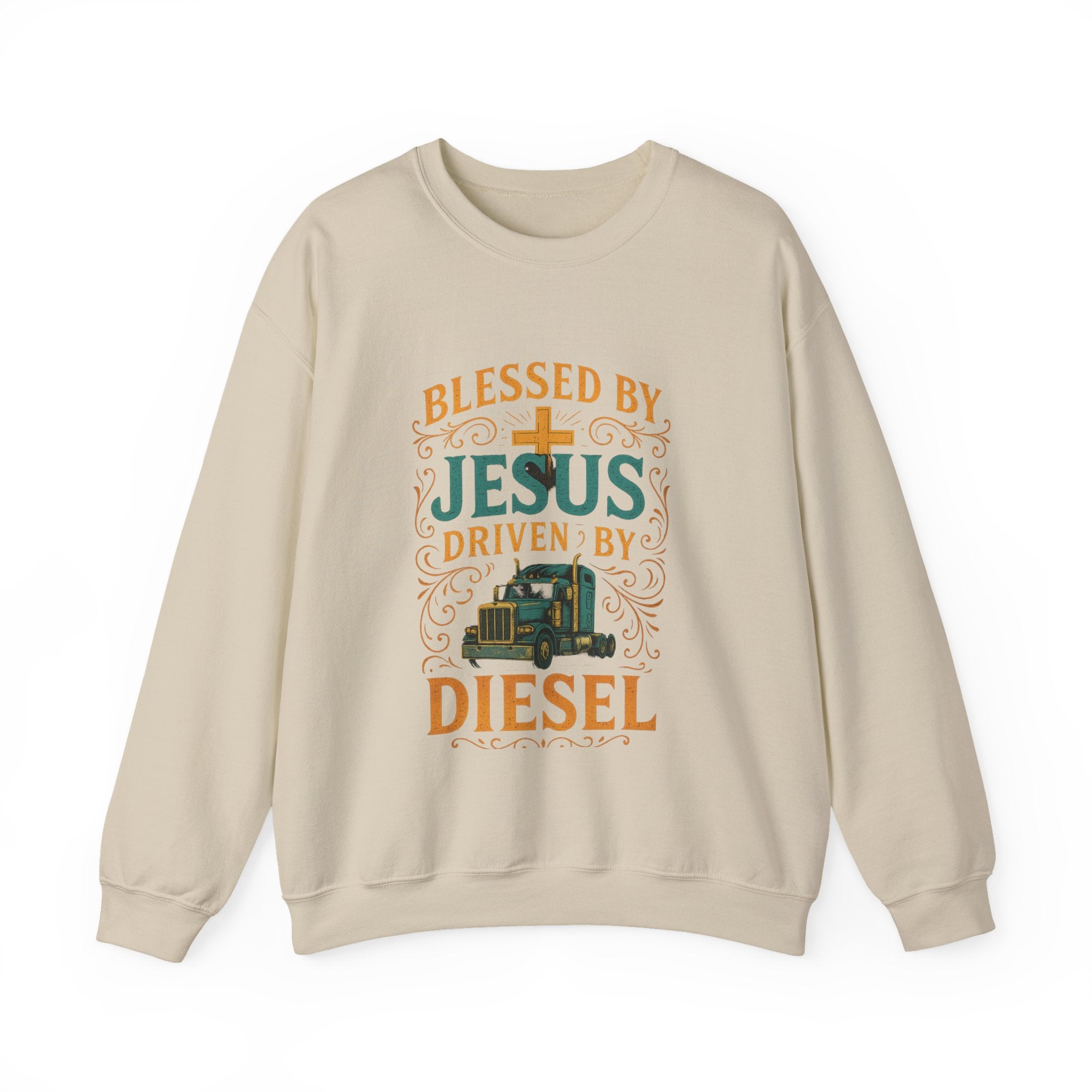 Crewneck Sweatshirt — "Blessed by Jesus, Driven by Diesel" Trucker Faith Graphic