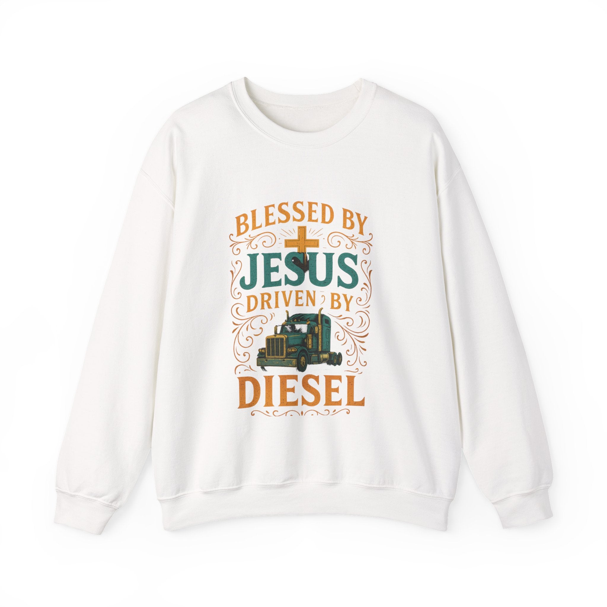 Crewneck Sweatshirt — "Blessed by Jesus, Driven by Diesel" Trucker Faith Graphic