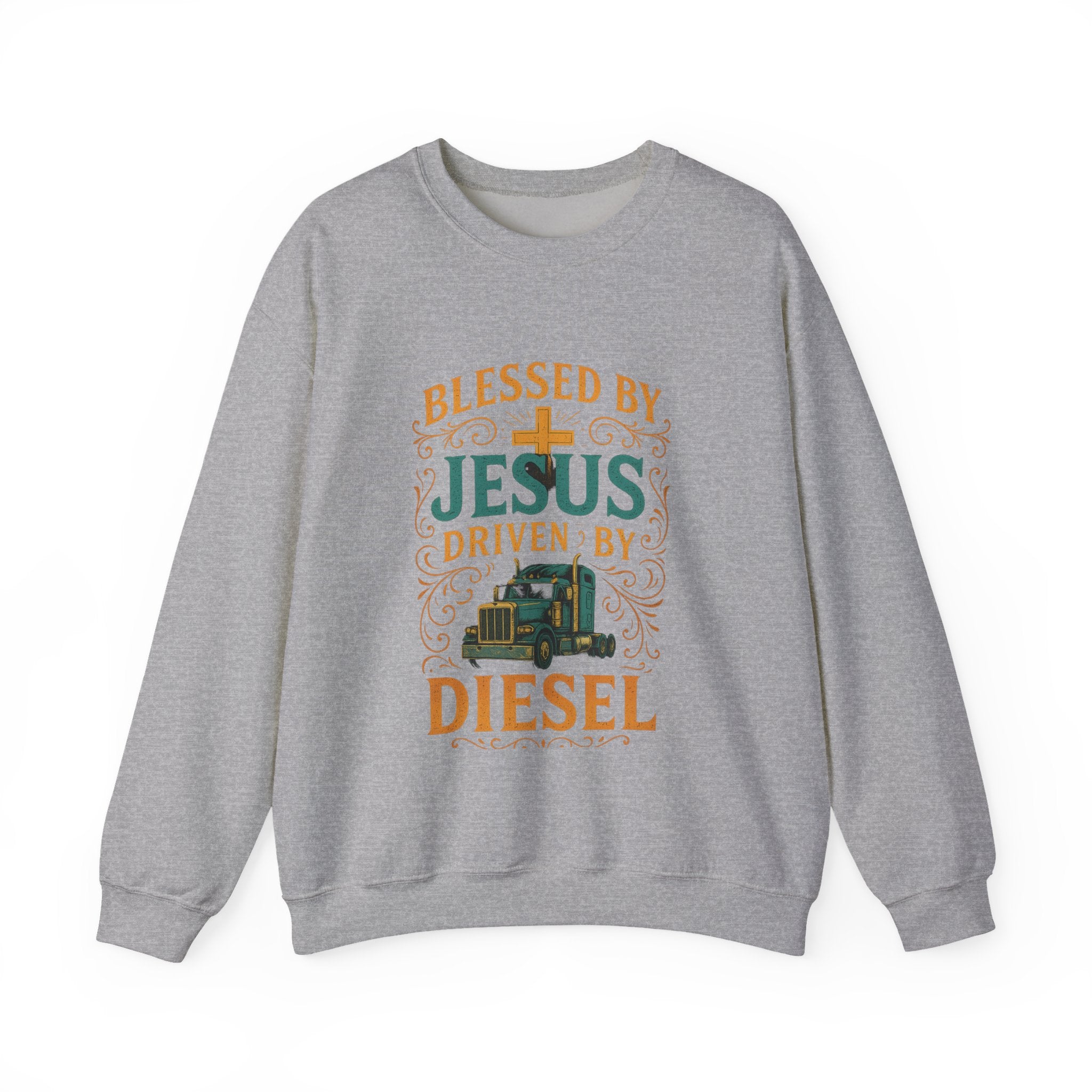 Crewneck Sweatshirt — "Blessed by Jesus, Driven by Diesel" Trucker Faith Graphic