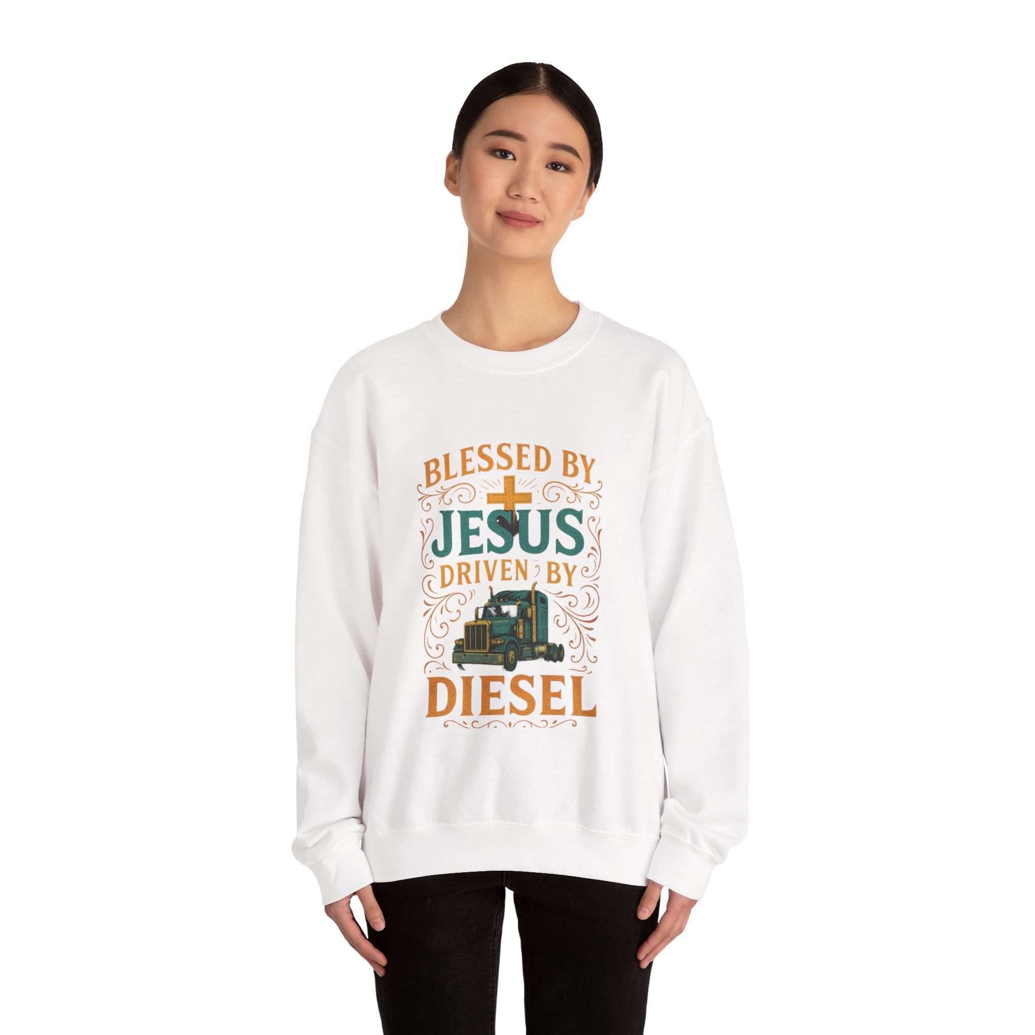 Crewneck Sweatshirt — "Blessed by Jesus, Driven by Diesel" Trucker Faith Graphic