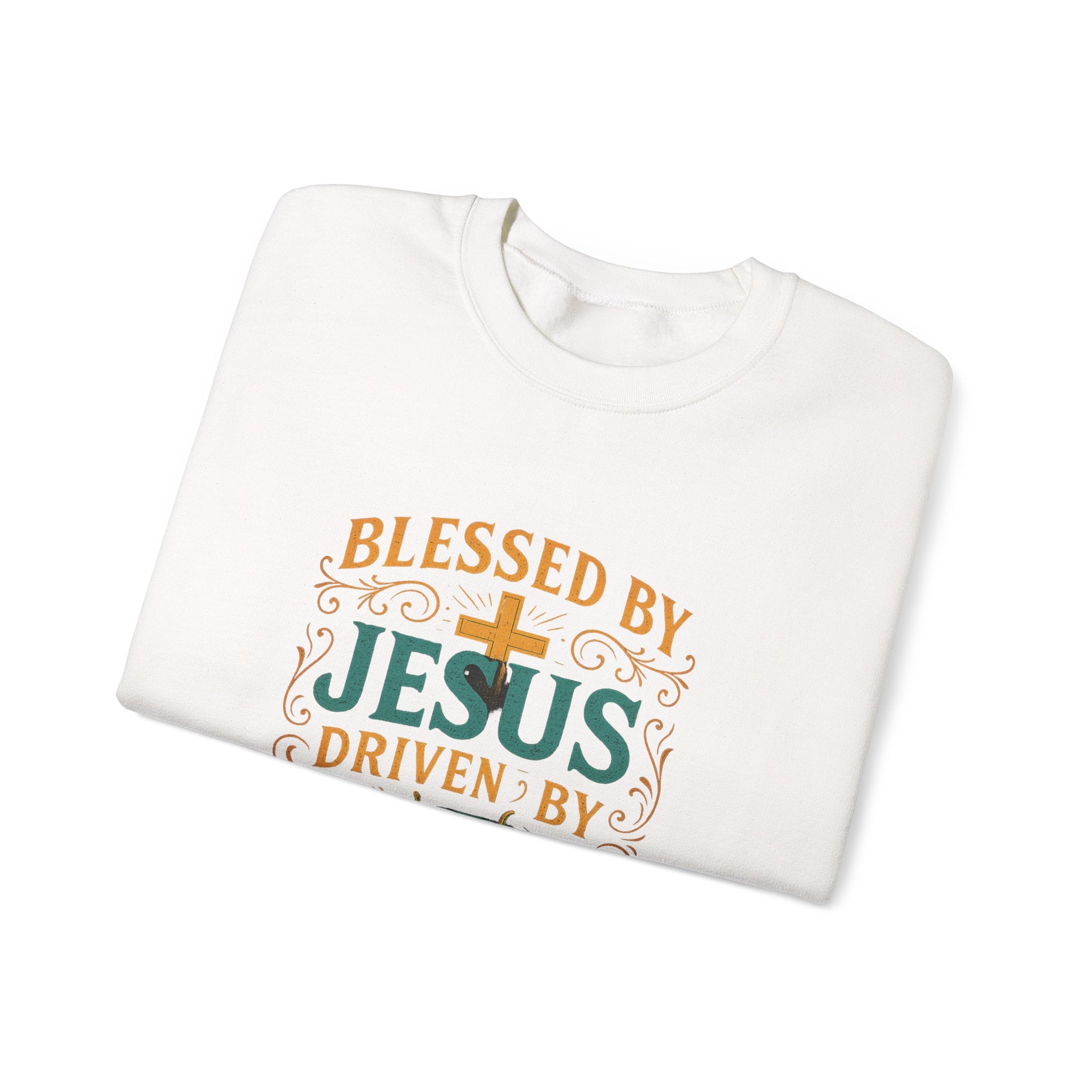 Crewneck Sweatshirt — "Blessed by Jesus, Driven by Diesel" Trucker Faith Graphic