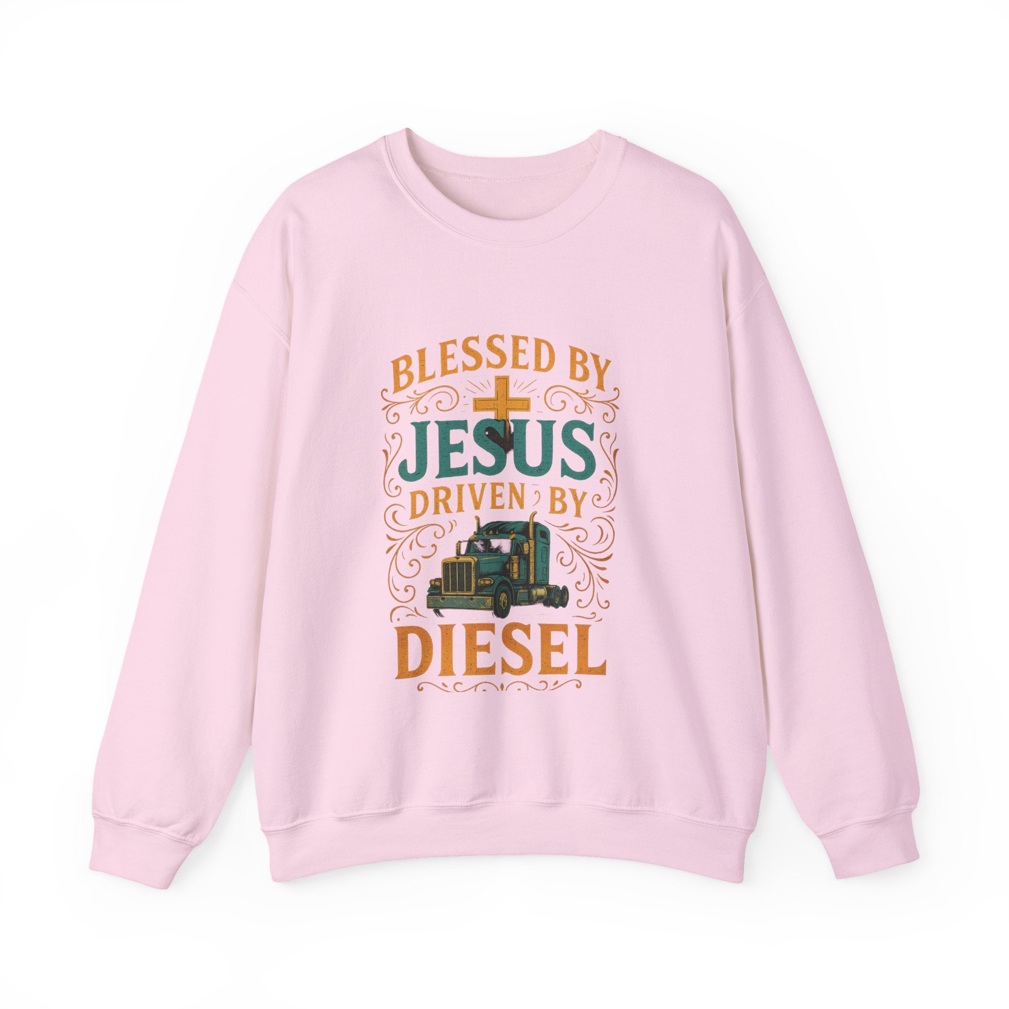 Crewneck Sweatshirt — "Blessed by Jesus, Driven by Diesel" Trucker Faith Graphic