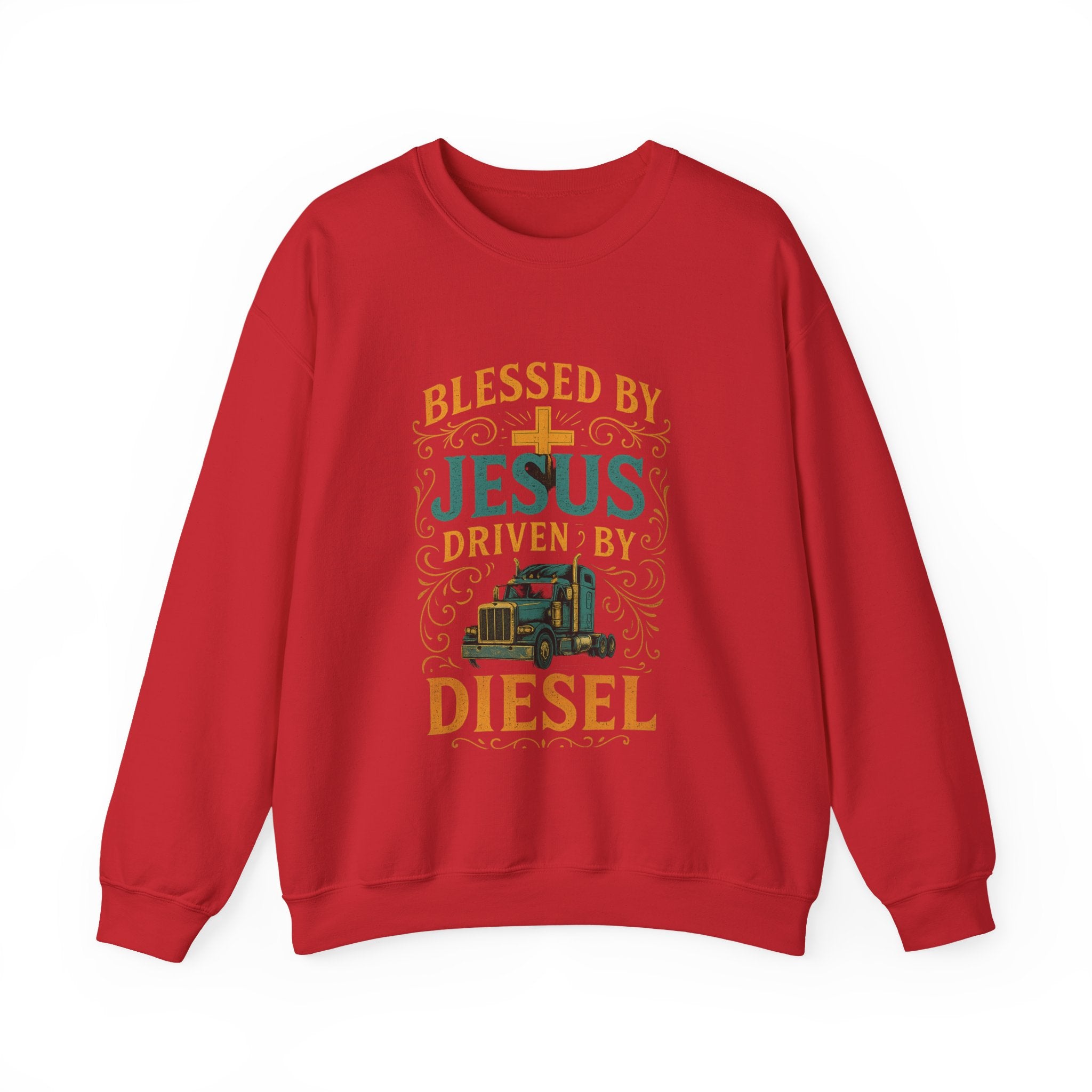 Crewneck Sweatshirt — "Blessed by Jesus, Driven by Diesel" Trucker Faith Graphic
