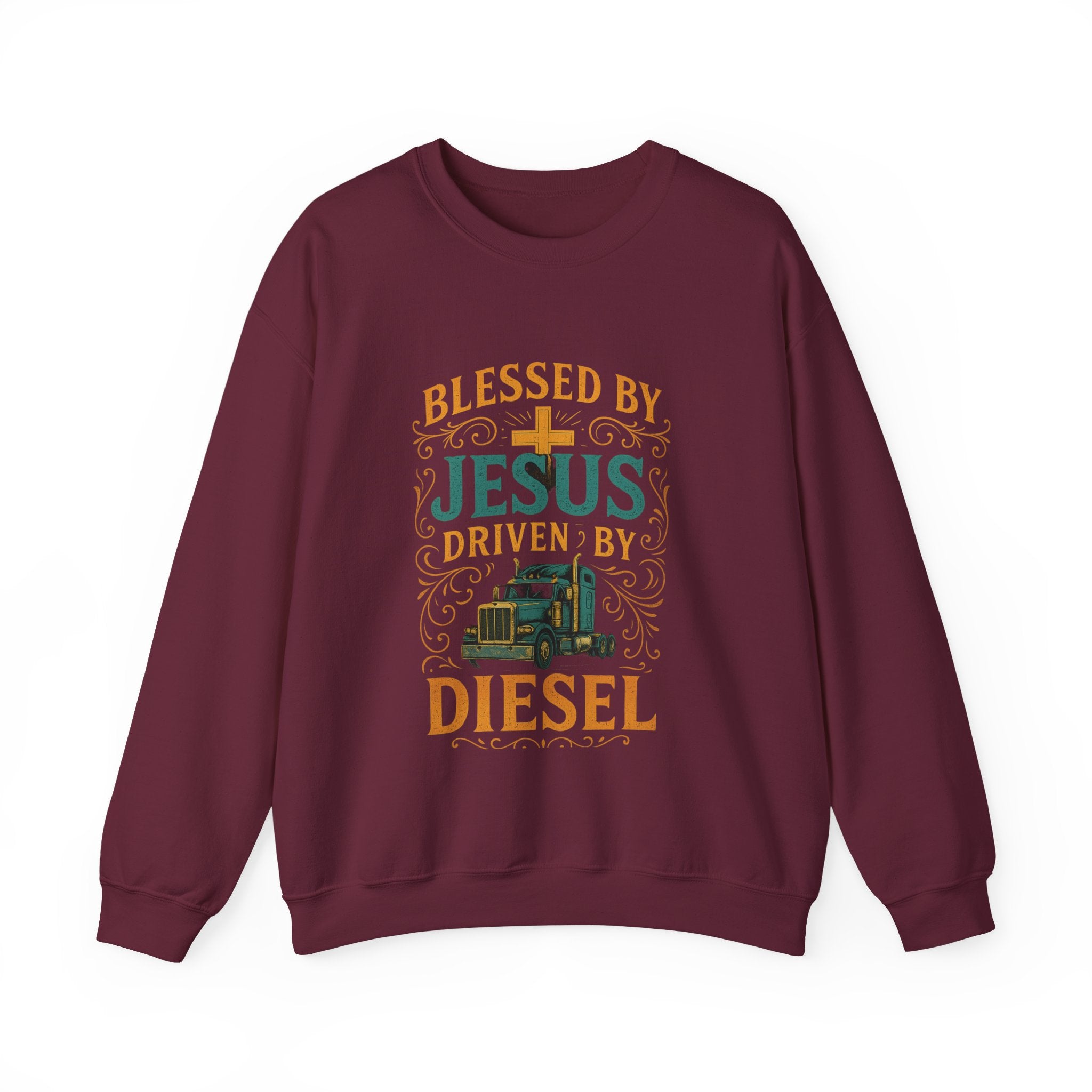 Crewneck Sweatshirt — "Blessed by Jesus, Driven by Diesel" Trucker Faith Graphic