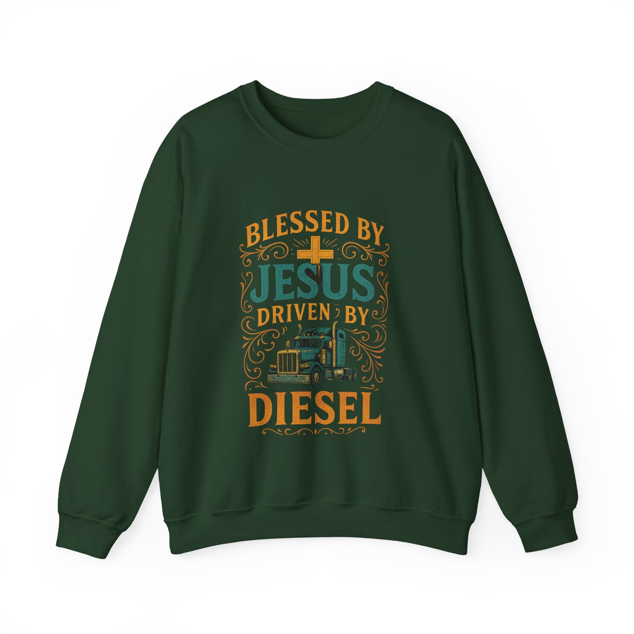 Crewneck Sweatshirt — "Blessed by Jesus, Driven by Diesel" Trucker Faith Graphic